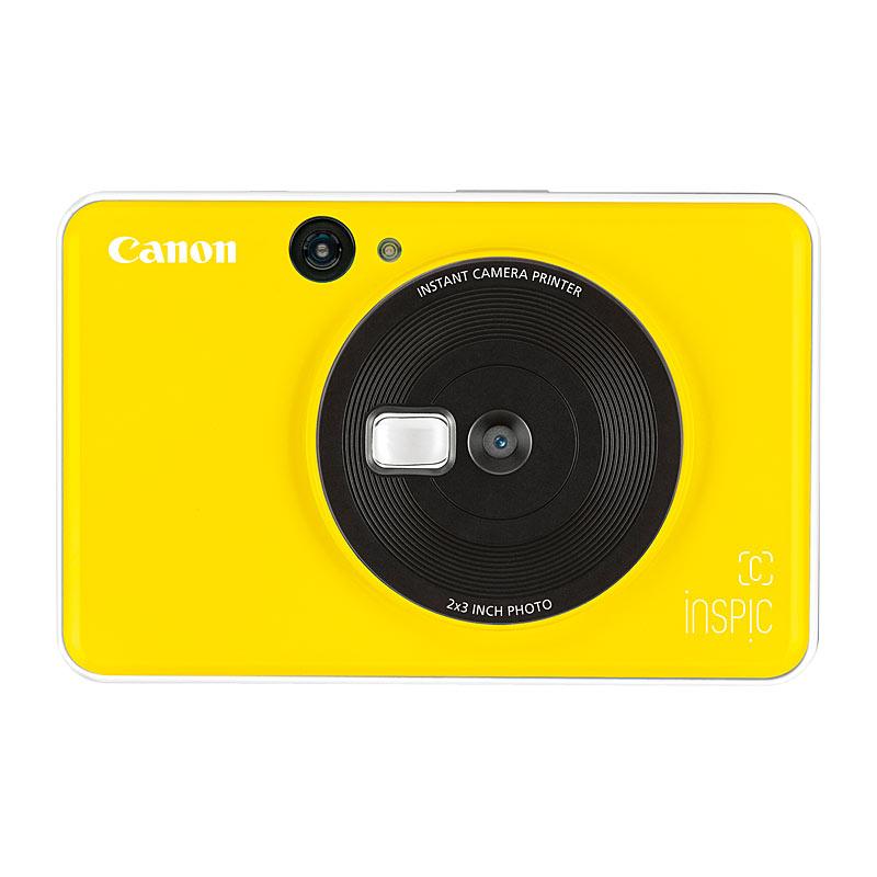 CANON Inspic Camera in vibrant yellow color, showcasing its compact design and instant photo printing feature.