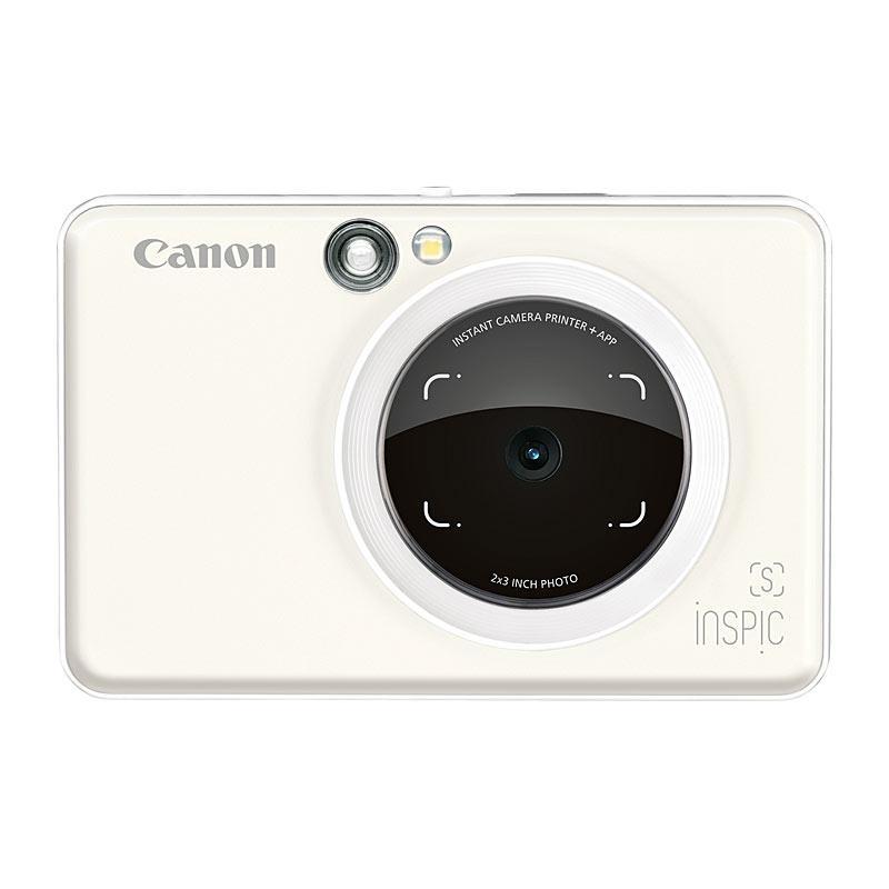 Canon Inspic S Camera in White, showcasing its sleek design and compact size, perfect for instant photography.