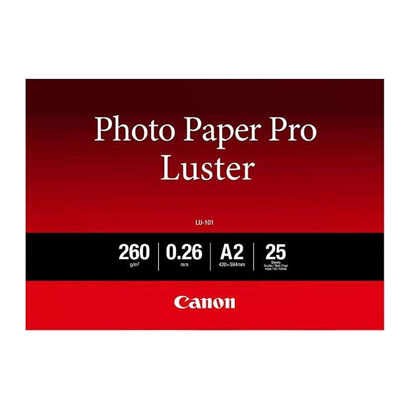 Canon Luster Photo Paper A2 pack containing 25 sheets with a premium luster finish for high-quality photo printing.