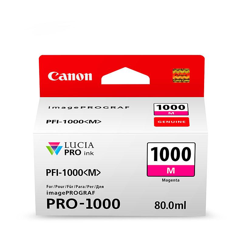 CANON PFI1000 Magenta Ink Cartridge, designed for Canon PRO1000 printer, showcasing vibrant magenta color.