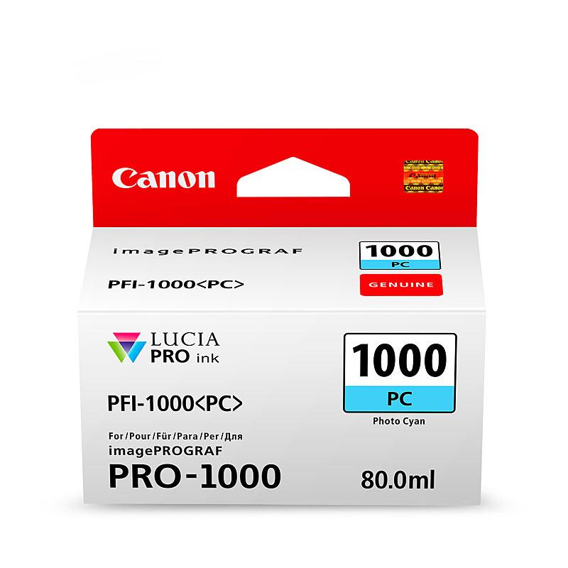 CANON PFI1000 Ph Cyan Ink Cartridge with vibrant cyan color, designed for high-quality photo printing.