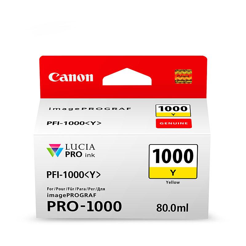 CANON PFI1000 Yellow Ink Cartridge with packaging, showcasing its vibrant yellow color and Canon branding.