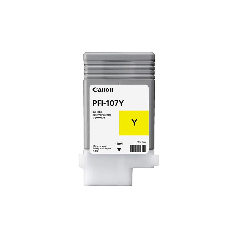 CANON PFI107 Yellow Ink cartridge showcasing its vibrant yellow color and Canon branding.