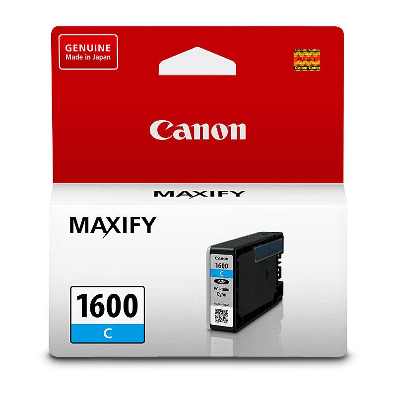 CANON PGI1600 Cyan Ink Tank with packaging, showcasing vibrant cyan color and Canon branding.