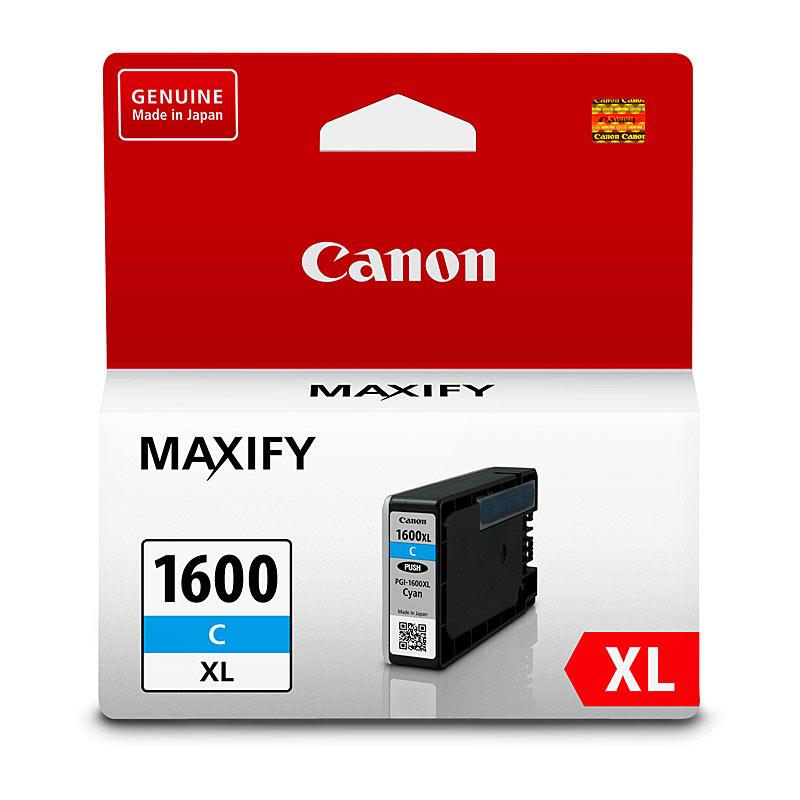 CANON PGI1600XL Cyan Ink Tank with packaging, showcasing vibrant cyan color and Canon branding.