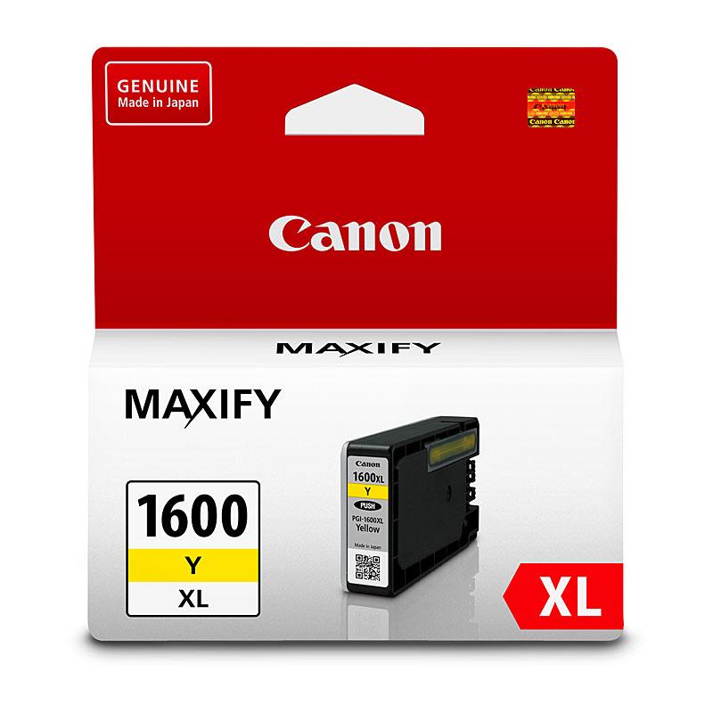 CANON PGI1600XL Yellow Ink Tank cartridge with packaging, showcasing its vibrant yellow color and Canon branding.