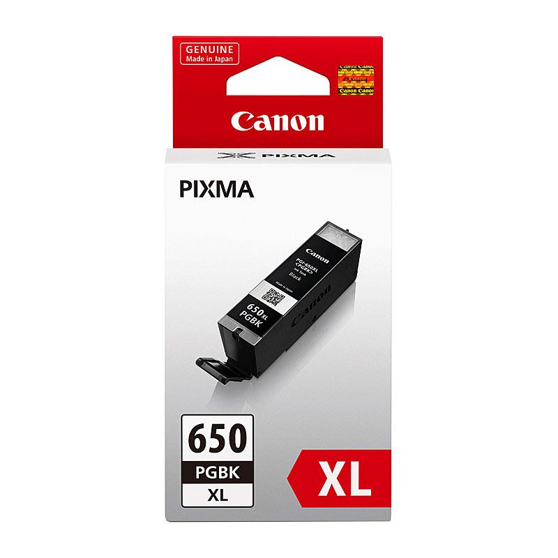 CANON PGI650XL Black Ink Cartridge with packaging, showcasing its design and features.