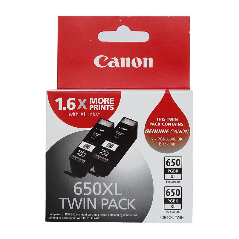 CANON PGI650XL Black Ink Twin Pack with two cartridges, designed for high-quality printing.