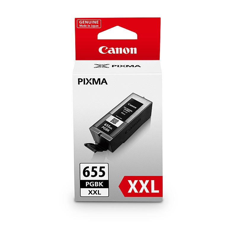 CANON PGI655XXL Black Ink Cartridge with packaging, showcasing its design and features.