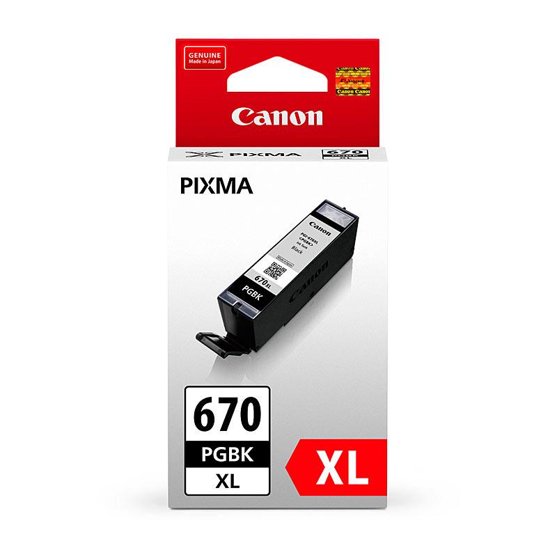 CANON PGI670XL Black Ink Cartridge with packaging, showcasing its design and features.