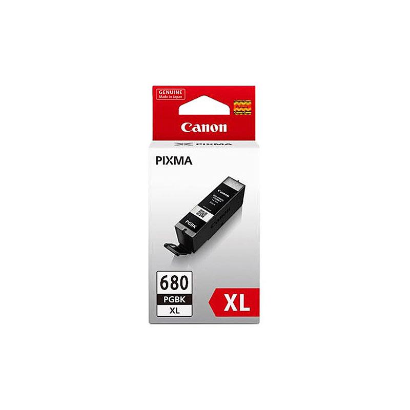 CANON PGI680XL Black Ink Cartridge with packaging, showcasing its design and features.