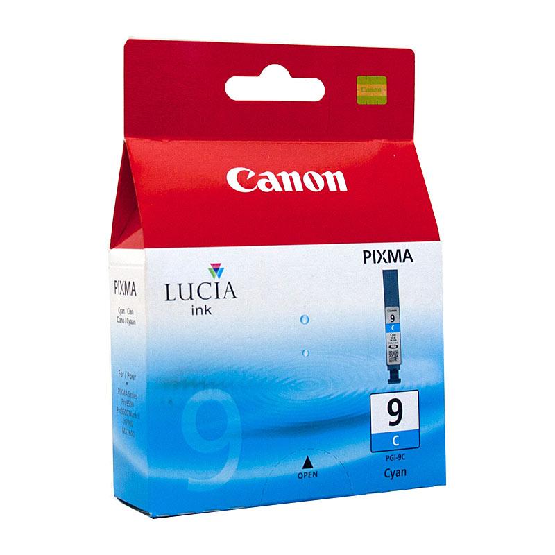 Canon PGI9 Cyan Ink Cartridge with packaging, showcasing vibrant cyan color and branding.