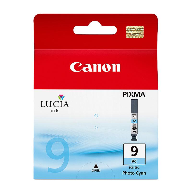 CANON PGI9 Photo Cyan Ink Cartridge, showcasing its vibrant cyan color and packaging design.