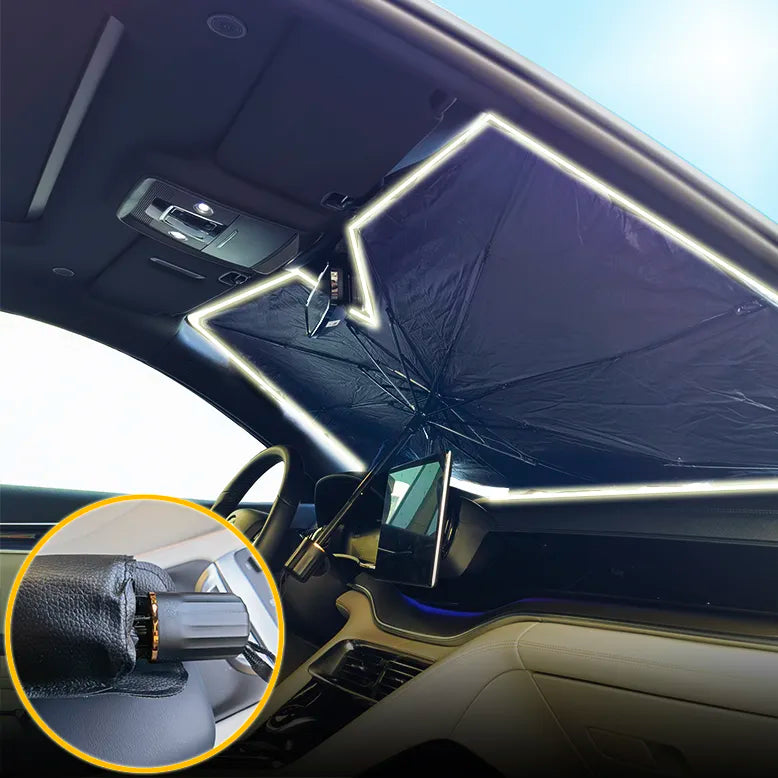 V-shaped car sunshade designed for electric vehicles, showcasing its durable nylon material and stylish black packaging.