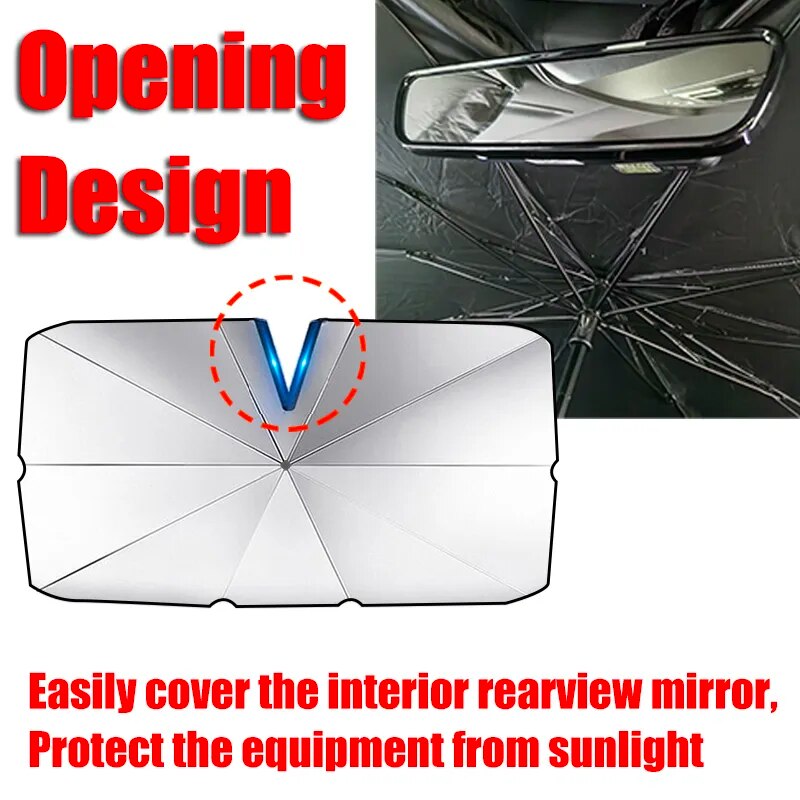 V-shaped car sunshade designed for electric vehicles, showcasing its durable nylon material and stylish black packaging.