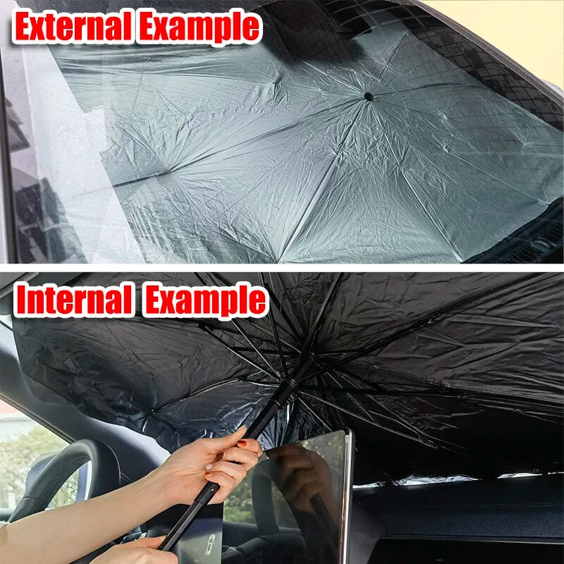 V-shaped car sunshade designed for electric vehicles, showcasing its durable nylon material and stylish black packaging.