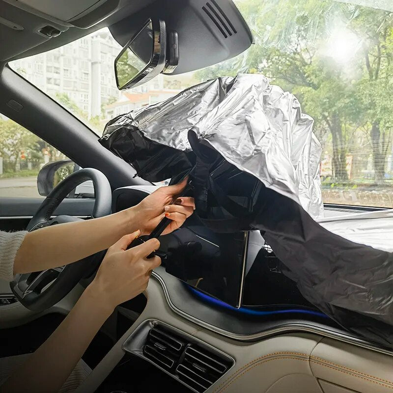 V-shaped car sunshade designed for electric vehicles, showcasing its durable nylon material and stylish black packaging.