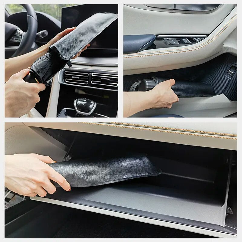 V-shaped car sunshade designed for electric vehicles, showcasing its durable nylon material and stylish black packaging.