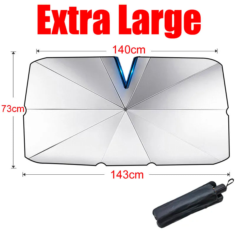 V-shaped car sunshade designed for electric vehicles, showcasing its durable nylon material and stylish black packaging.