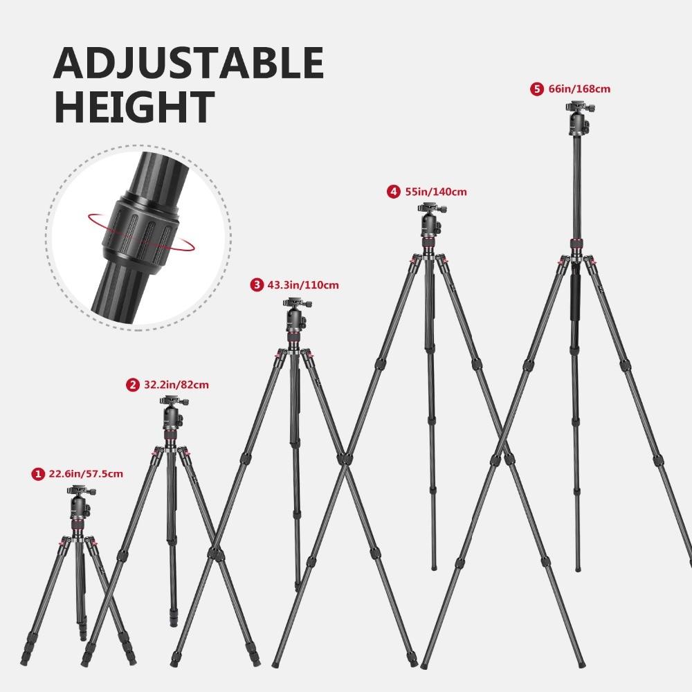 Carbon Fiber 66" Lightweight Portable Camera Tripod Stand with 360-degree ball head and bubble level, ideal for Canon and Nikon cameras.