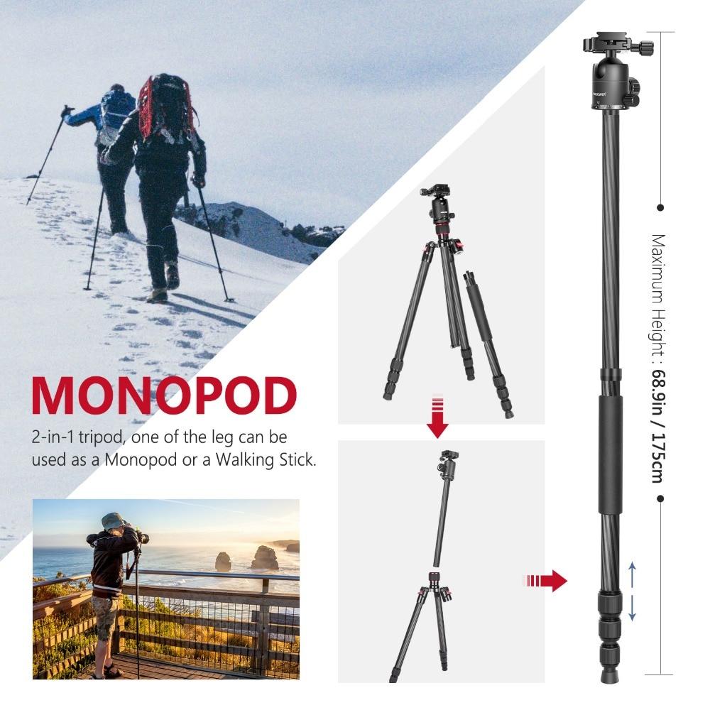 Carbon Fiber 66" Lightweight Portable Camera Tripod Stand with 360-degree ball head and bubble level, ideal for Canon and Nikon cameras.