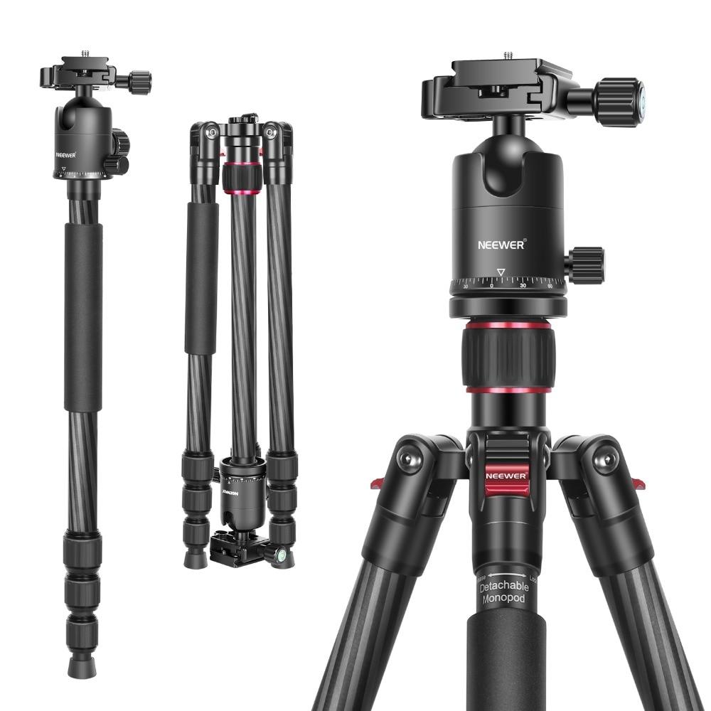 Carbon Fiber 66" Lightweight Portable Camera Tripod Stand with 360-degree ball head and bubble level, ideal for Canon and Nikon cameras.