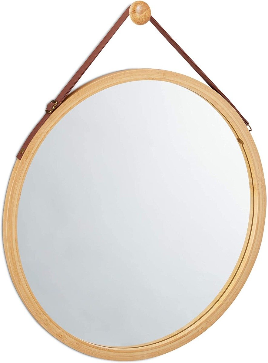 CARLA HOME Hanging Round Wall Mirror with a solid bamboo frame and adjustable leather strap, perfect for modern home decor.