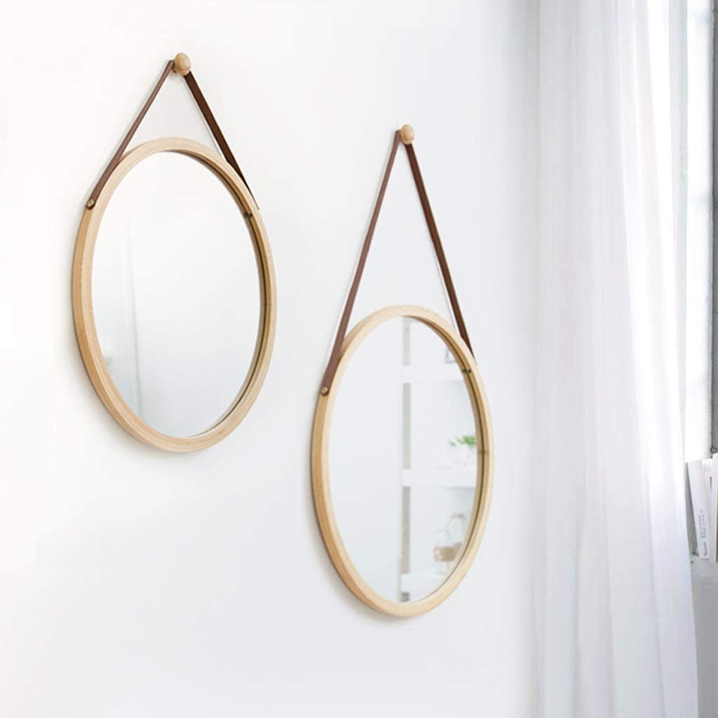 CARLA HOME Hanging Round Wall Mirror with a solid bamboo frame and adjustable leather strap, perfect for modern home decor.