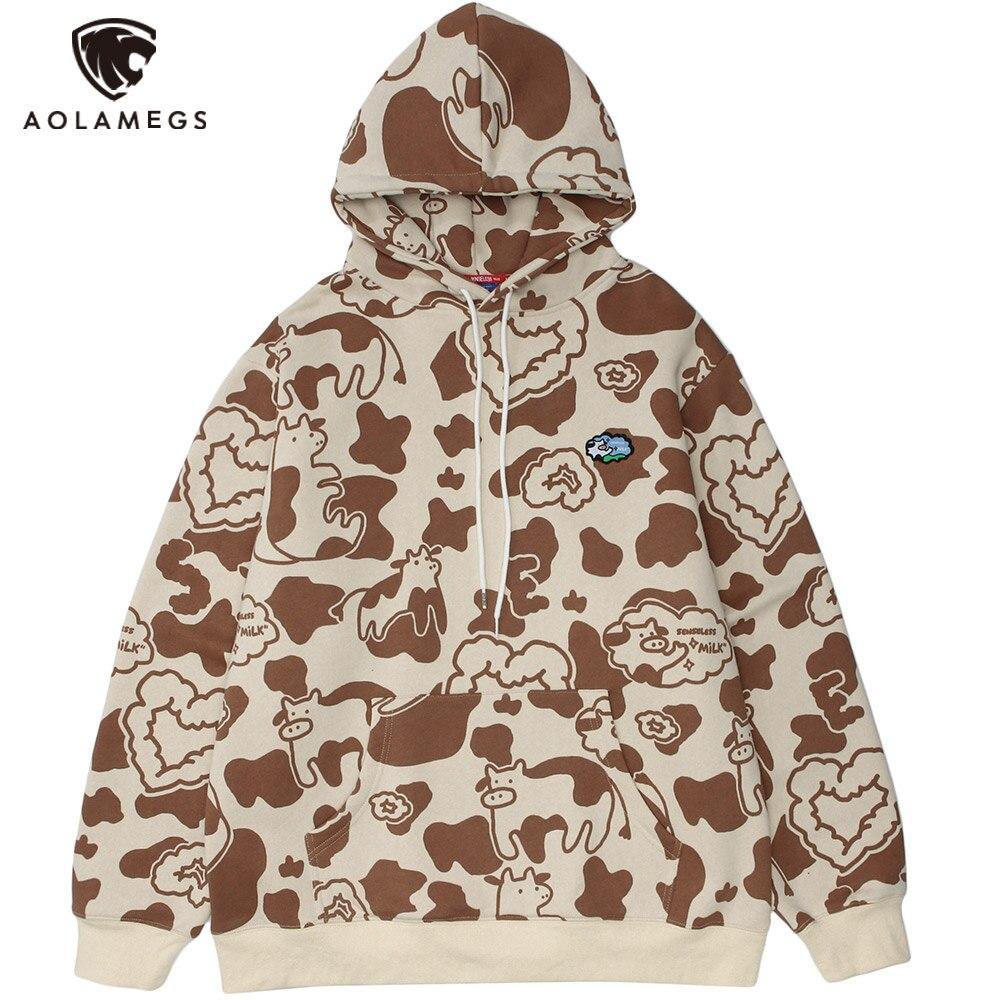 Men's Cartoon Cow Embroidery Color Block Print Hoodie featuring a loose fit and hooded design, ideal for casual autumn and winter wear.