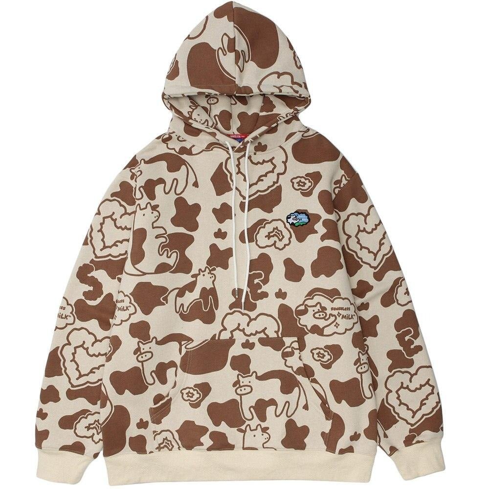 Men's Cartoon Cow Embroidery Color Block Print Hoodie featuring a loose fit and hooded design, ideal for casual autumn and winter wear.