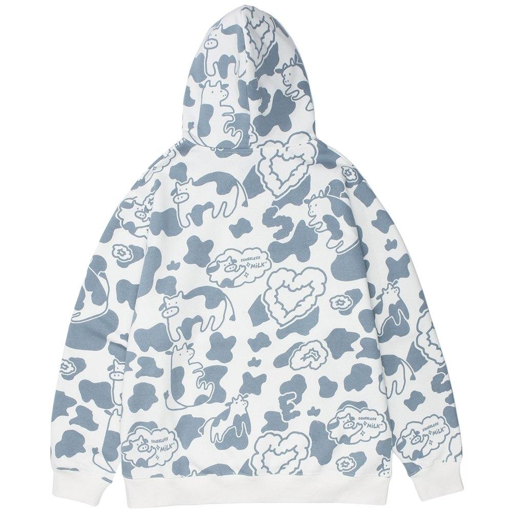 Men's Cartoon Cow Embroidery Color Block Print Hoodie featuring a loose fit and hooded design, ideal for casual autumn and winter wear.