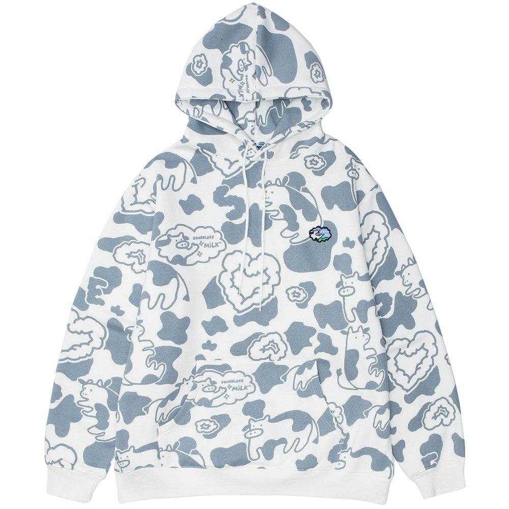 Men's Cartoon Cow Embroidery Color Block Print Hoodie featuring a loose fit and hooded design, ideal for casual autumn and winter wear.