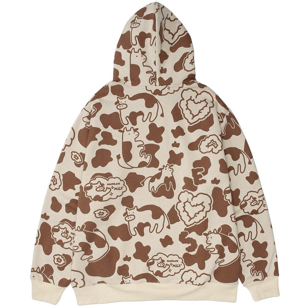 Men's Cartoon Cow Embroidery Color Block Print Hoodie featuring a loose fit and hooded design, ideal for casual autumn and winter wear.