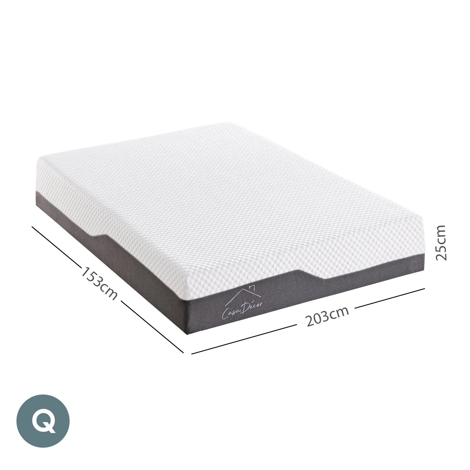 Casa Decor Memory Foam Luxe Hybrid Mattress with cool gel technology, showcasing its 25cm depth and breathable knitted air-mesh cover.