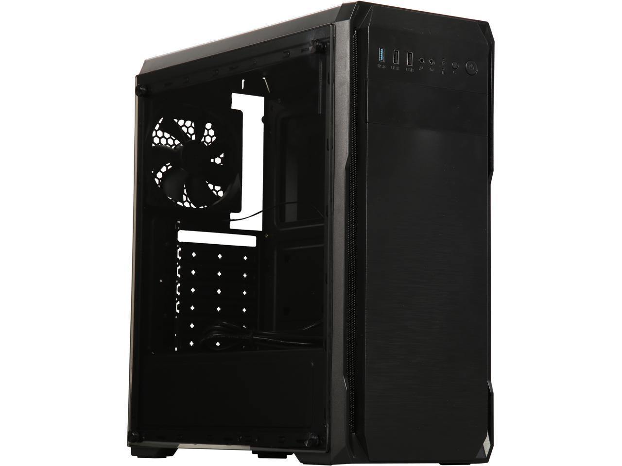 DIYPC DIY-A1-BK Black Tempered Glass ATX Mid Tower Computer Case with USB 3.0 ports and pre-installed fan.