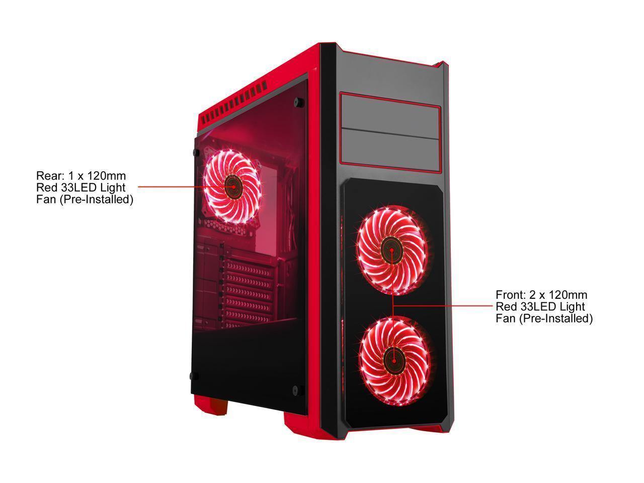 DIYPC DIY-TG8-BR gaming case featuring black and red design with tempered glass panels and LED fans.