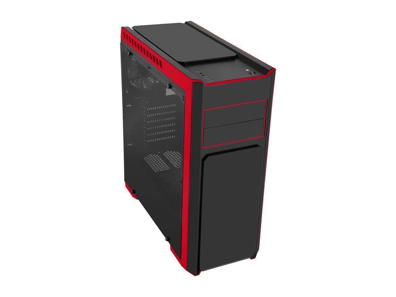 DIYPC DIY-TG8-BR gaming case featuring black and red design with tempered glass panels and LED fans.