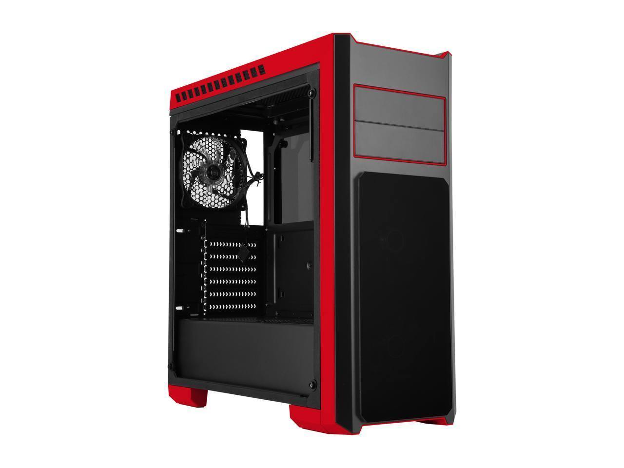 DIYPC DIY-TG8-BR gaming case featuring black and red design with tempered glass panels and LED fans.