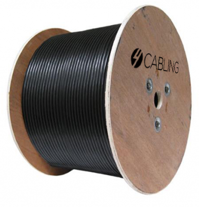 Cat 6 UTP LAN Outdoor UV Stabilised Cable on a reel, 305m long, black color, designed for high-performance outdoor networking.