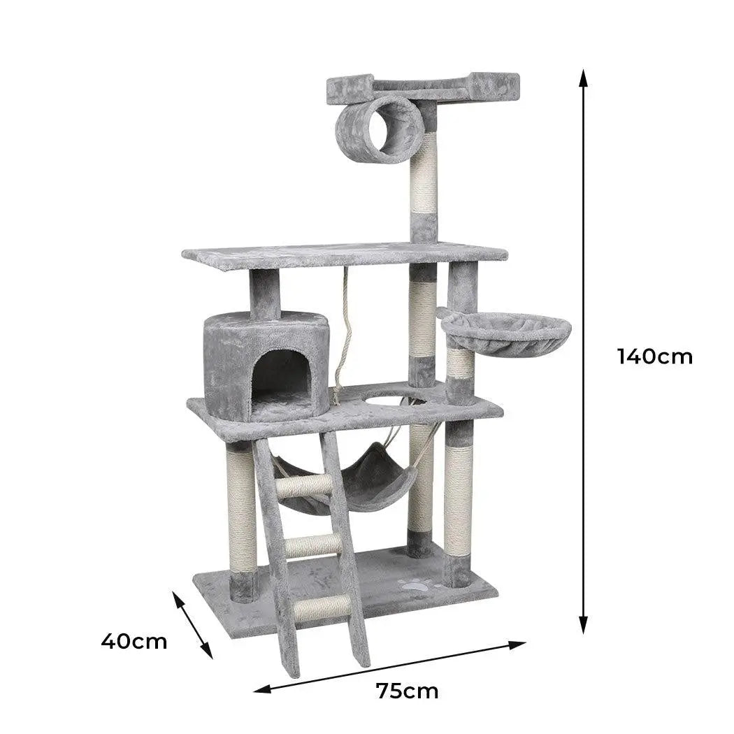 Grey multi-level cat tree.