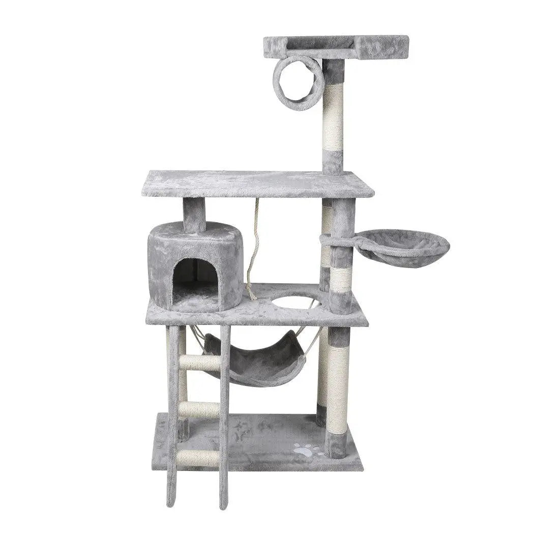 Gray multi-level cat tree.