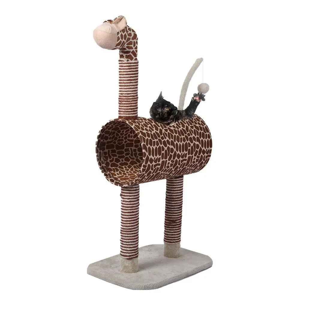 A beige multi-level cat tree tower with plush covering, featuring a sisal scratching post and hanging toys for playful cats.