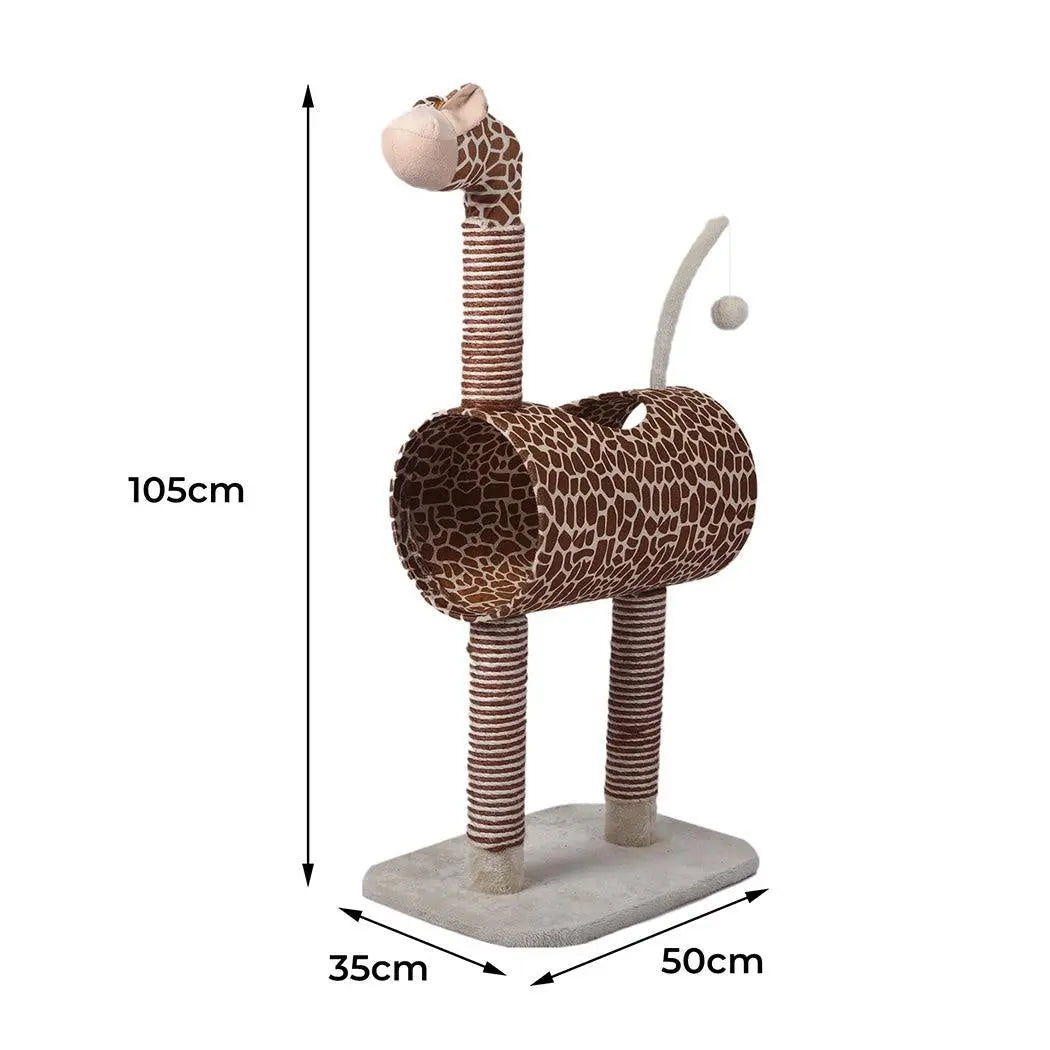 A beige multi-level cat tree tower with plush covering, featuring a sisal scratching post and hanging toys for playful cats.