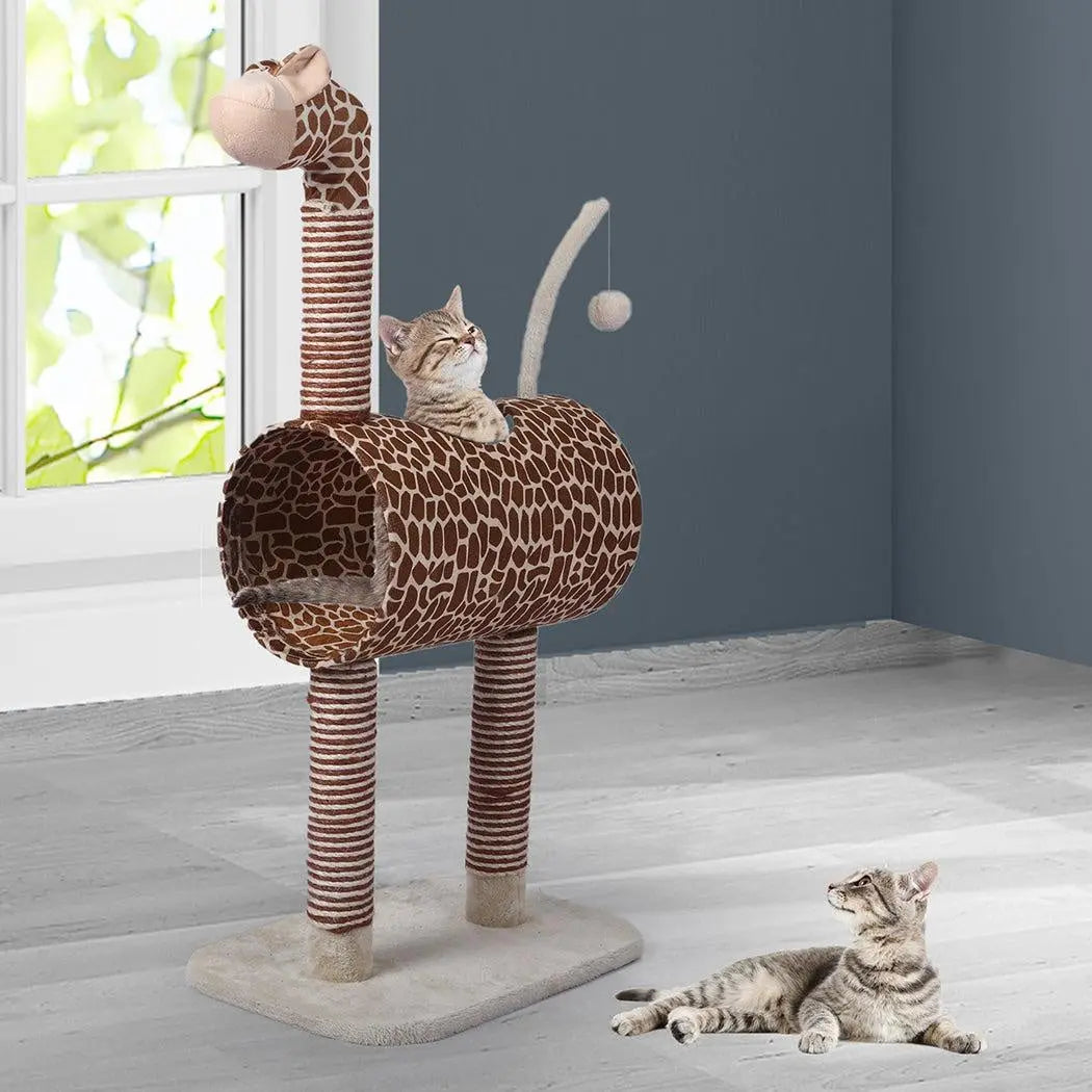 A beige multi-level cat tree tower with plush covering, featuring a sisal scratching post and hanging toys for playful cats.