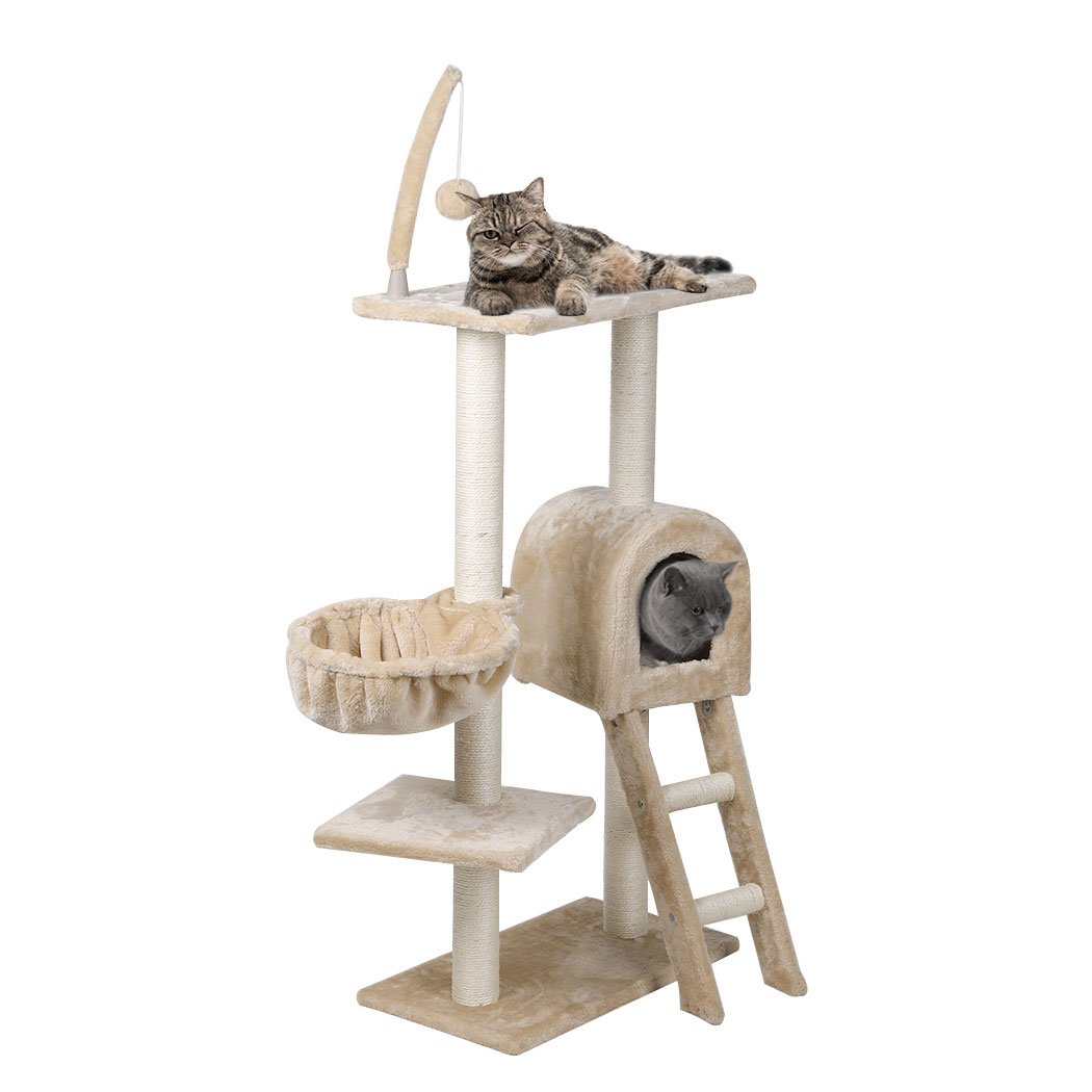 PaWz Cat Tree Tower with plush covering and sisal scratching post, designed for active cats to play and rest.