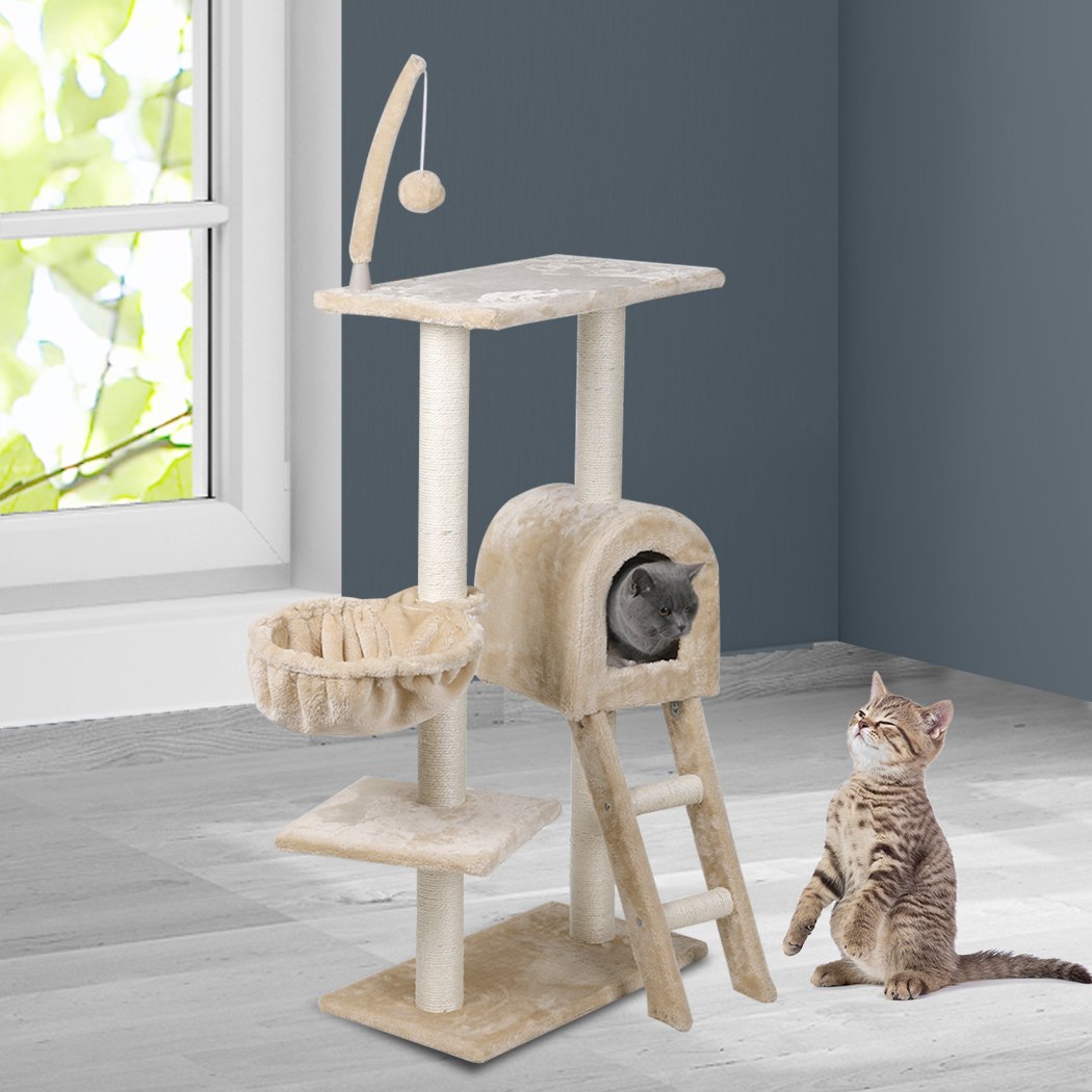 PaWz Cat Tree Tower with plush covering and sisal scratching post, designed for active cats to play and rest.