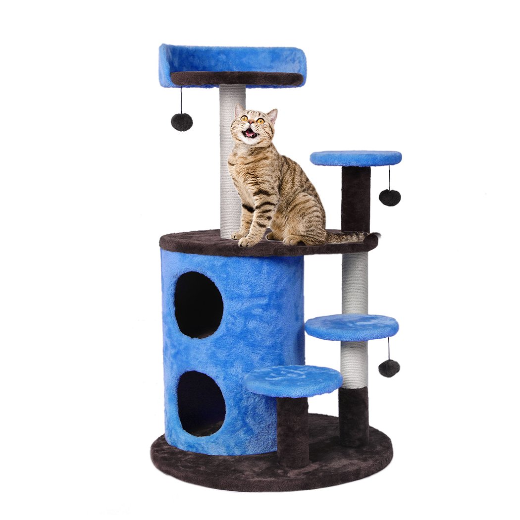 A multi-level cat tree tower with plush covering, sisal scratching post, and hanging toys, designed for playful cats.