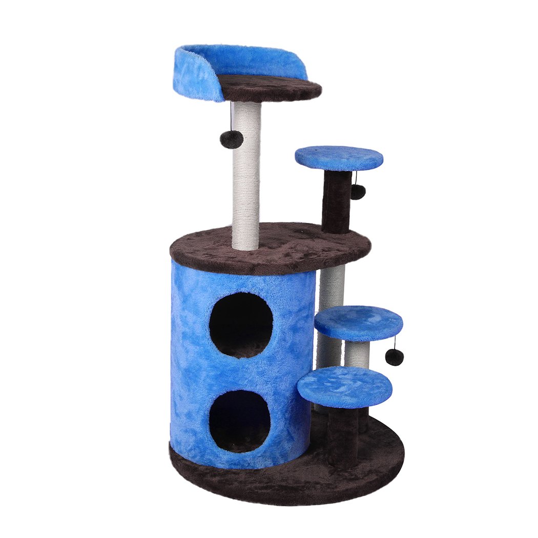 A multi-level cat tree tower with plush covering, sisal scratching post, and hanging toys, designed for playful cats.