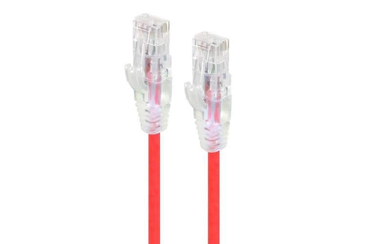 CAT6 28AWG Red Patch Lead 0.3M Slim ethernet cable with rugged boot and gold contacts.