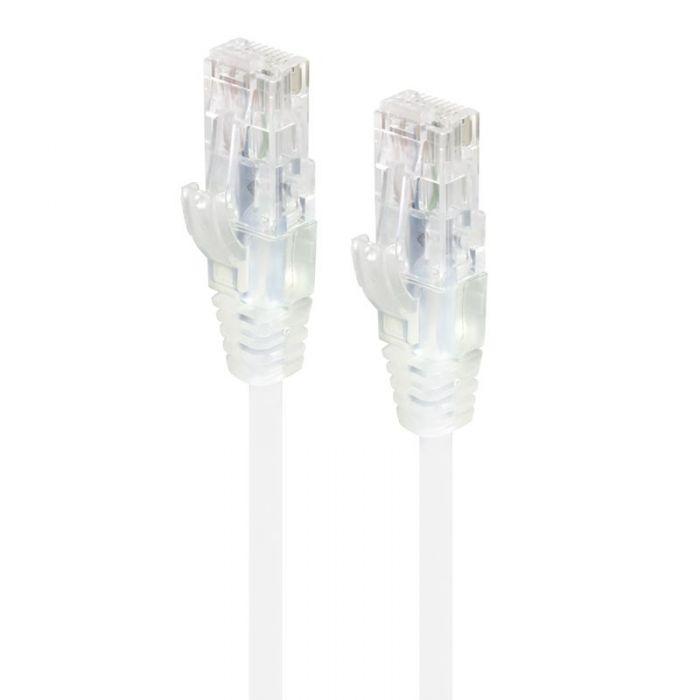 CAT6 28AWG White Patch Lead, ultra-thin ethernet cable with rugged boot and gold contacts.